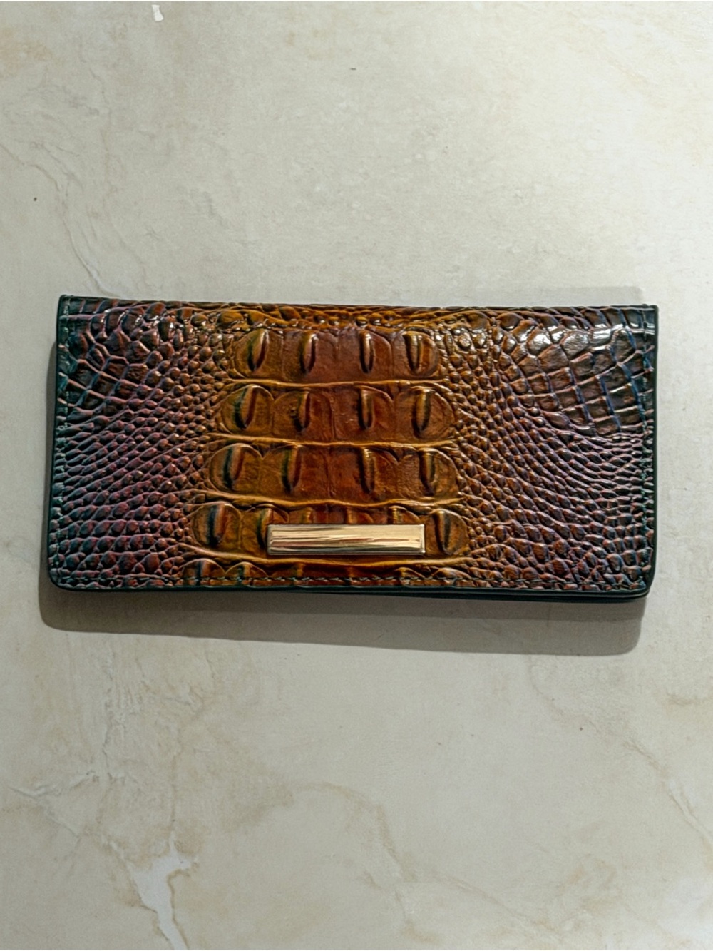 Croc-Embossed Leather Wallet Clutch in Brown and Gold Accent